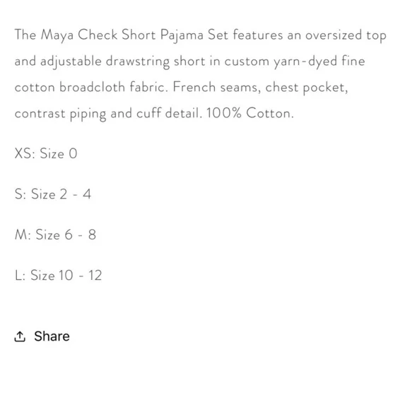 Marigot Maya Check Short Pajama Set Pink Plaid Pajama 100% Cotton XS - Picture 9 of 9